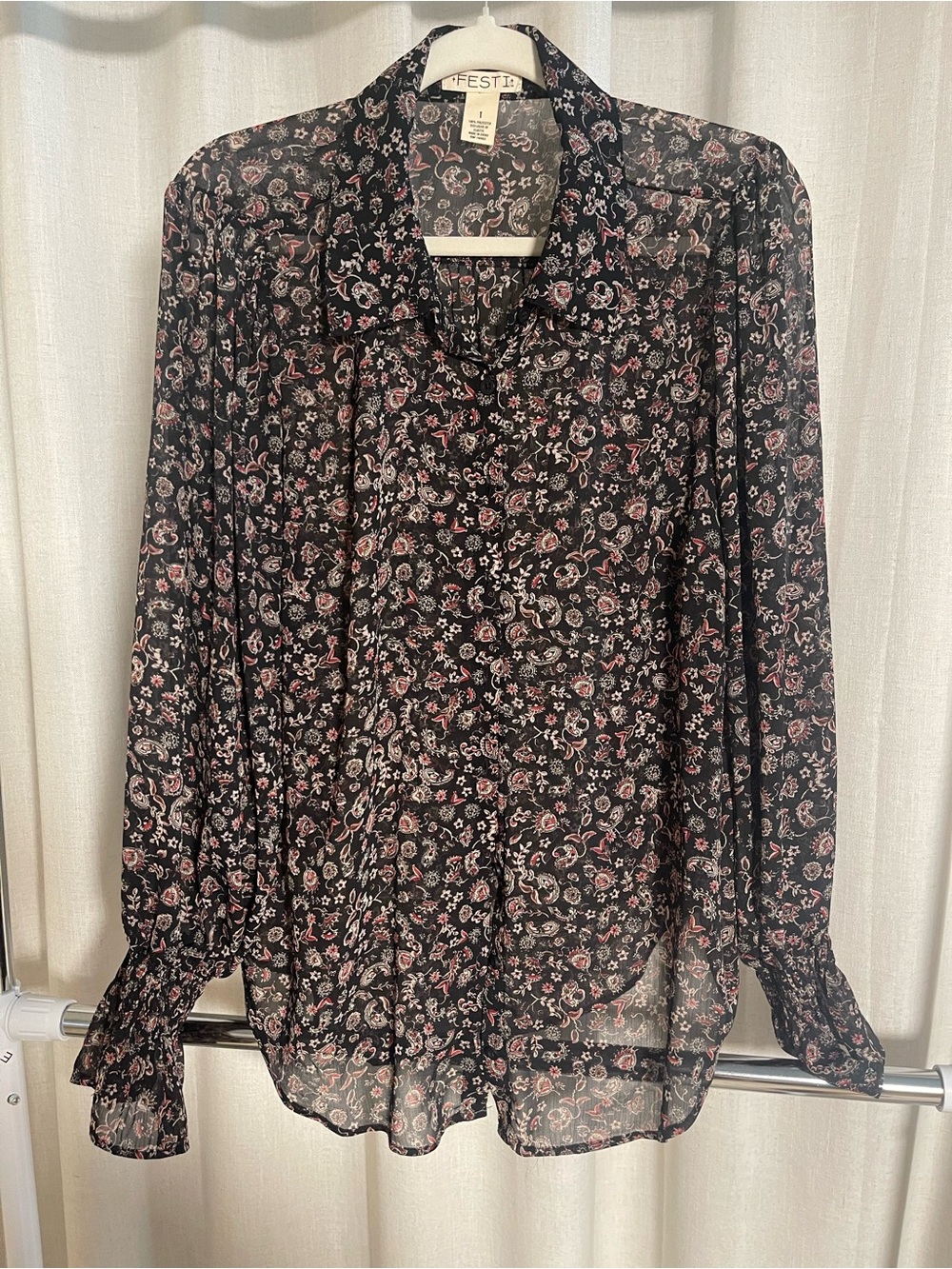 Festi Black Floral Long-Sleeve Button Blouse